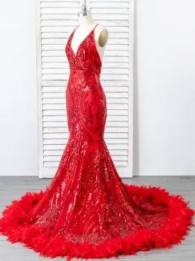 red sequin and feather mermaid unique prom dress