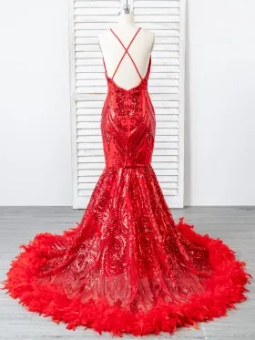 spaghetti strap low back red sequin and feather dress