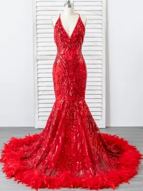 unique pattern red sequin and feather train prom dress