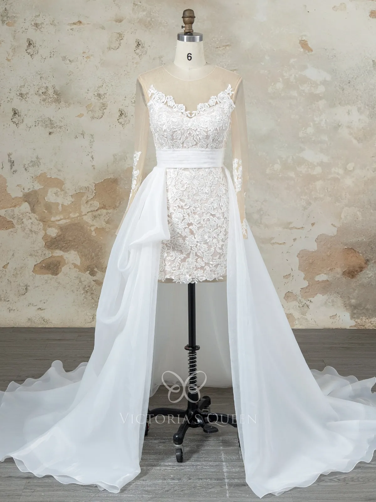 lace short bridal dress with a long organza overskirt