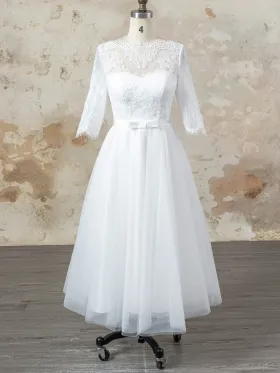 illusion neck half sleeve tea length bridal dress