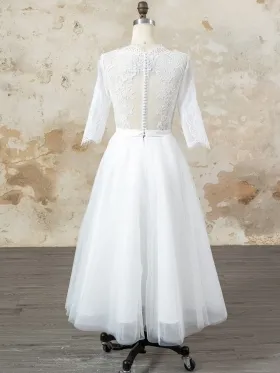 lace and tulle tea length bridal dress