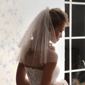 short classic pearl scattered veil hand cut shoulder length wedding veil
