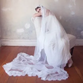 white lace wedding veil cathedral length single tier veil