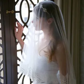 short bridal corded lace veil elbow length single tier veil