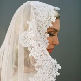 embroidered lace wedding veil custom fingertip length single tier veil
