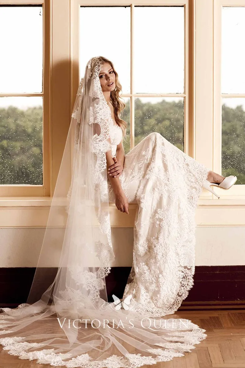 single tier cathedral length veil corded lace edge single tier cathedral length veil corded lace edge