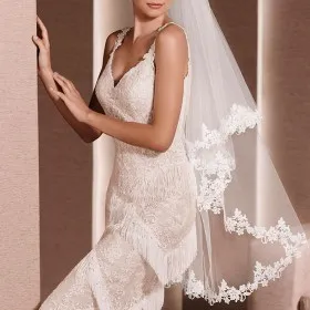 handmade fingertip length veil lace applique edging wedding veil