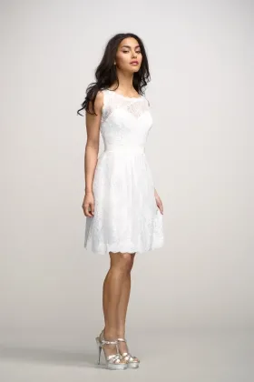 Boat neck sleevless little white lace knee length bridesmaid dress