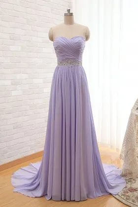 Strapless sweetheart criss cross ruched beaded lavender long bridesmaid dress