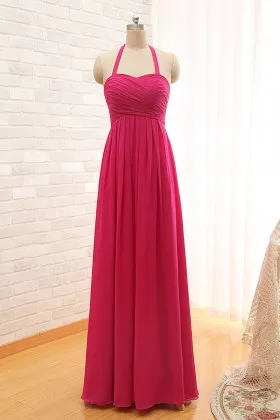 sweetheart halter neck empire waist A line long hot pink chiffon bridesmaid dress
