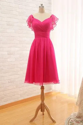 Ruffled cap sleeve fuchsia chiffon short A line cute V neck bridesmaid dress