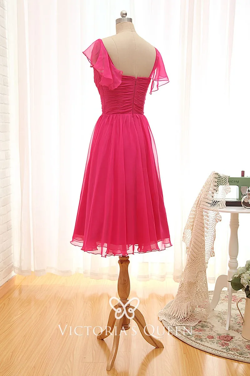 Ruffled cap sleeve fuchsia chiffon short A line cute dress Ruffled cap sleeve fuchsia chiffon short A line cute dress