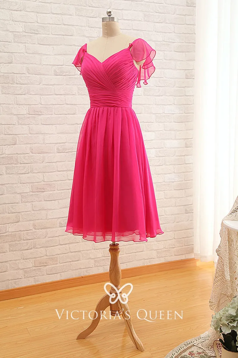 Ruffled cap sleeve fuchsia chiffon short cute V neck bridesmaid dress Ruffled cap sleeve fuchsia chiffon short cute V neck bridesmaid dress
