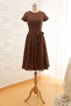 Chocolate chiffon short sleeve jewel neck knee length A line bridesmaid dress