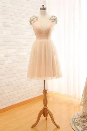 diamond cap sleeve plunging neckline blush pink tulle short bridesmaid dress
