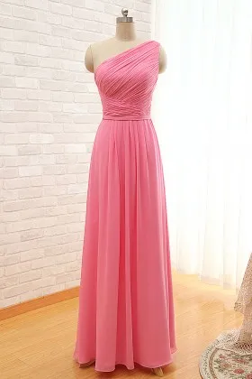 Asymmetrical pleated one shoulder pink chiffon long bridesmaid dress under 100