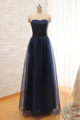 Vintage navy satin with net overlay strapless long bridesmaid dress