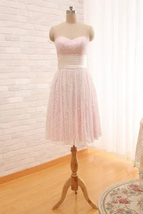 Strapless sweetheart pink lace short bridesmaid dress