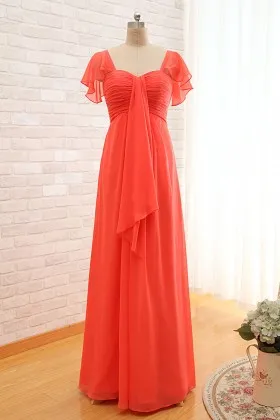 orange red chiffon ruffled cap sleeve sweetheart empire waist bridesmaid dress