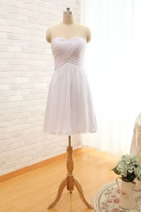 strapless sweetheart pleated white chiffon cheap short A line bridesmaid dress