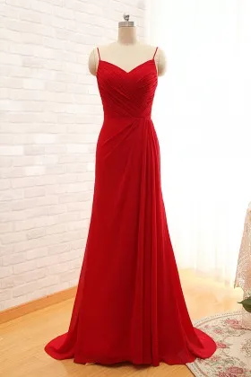 Elegant red pleated chiffon V neck with spaghetti straps long bridesmaid dress