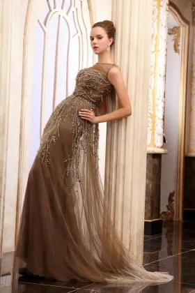Luxury beading sequin coffee tulle illusion long evening formal dress