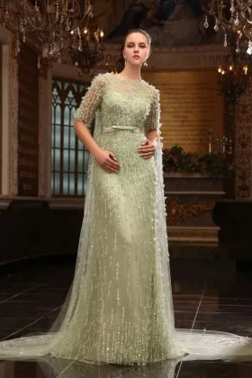 Luxury sequinned sage tulle overlay illusion neckline half sleeve long caped formal gown