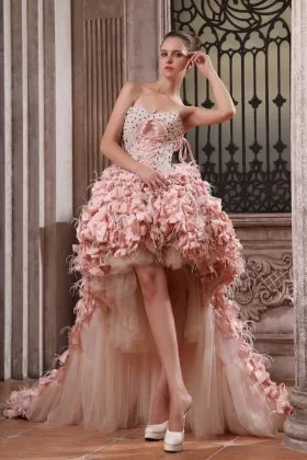 Luxury uniquely beaded pink ruffled high low prom dress with long train