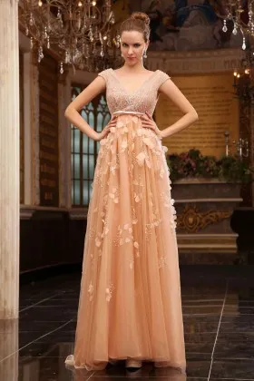 Beautiful beaded petals peach tulle A line long evening formal dress