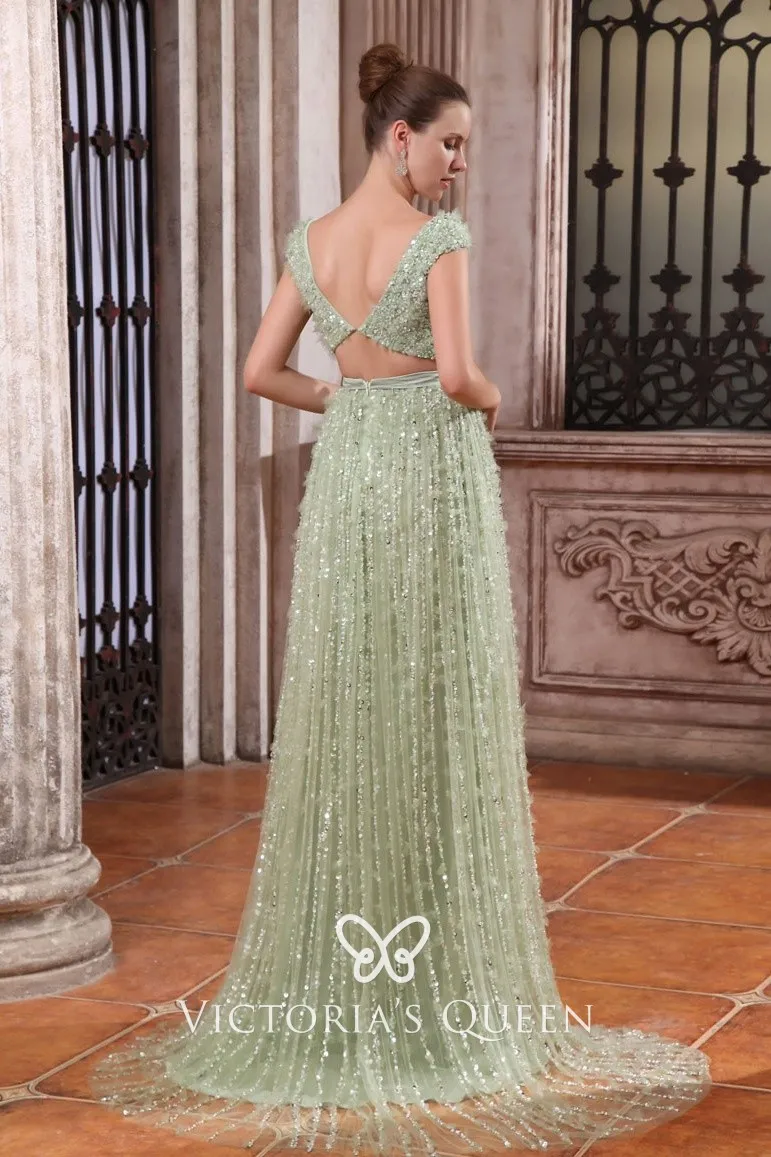 Luxury Sequined Sage Green Tulle Long Formal Dress VQ