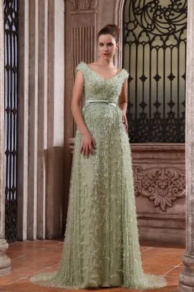 Luxury sequinned sage green tulle V neck cap sleeve long formal dress
