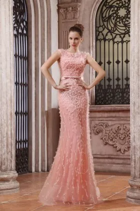 Luxury sequinned pink tulle fit and flare long formal dress