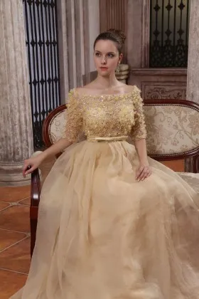 Beaded floral illusion neckline champagne gold half sleeve A line formal gown