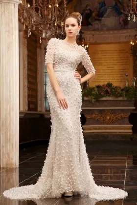 Luxury floral beaded off white tulle illusion half sleeve long formal gown