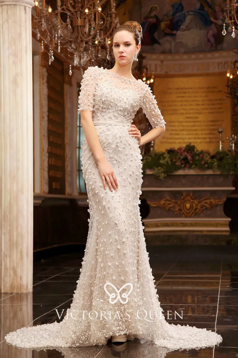 Luxury floral beaded off white tulle illusion half sleeve long formal gown Luxury floral beaded off white tulle illusion half sleeve long formal gown