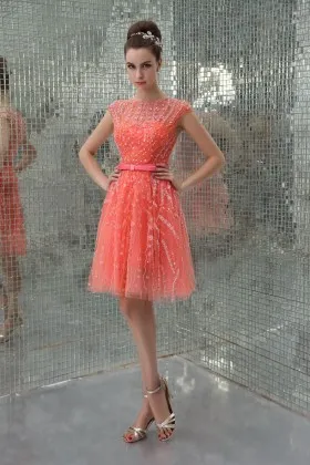 Sequin floral watermelon red tulle short A line cocktail evening dress