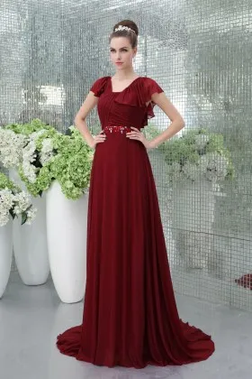 Criss cross pleated dark red chiffon cap sleeve A line long evening prom dress