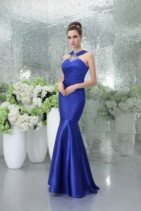 Delicate royal blue satin beaded wide straps mermaid long evening prom dress