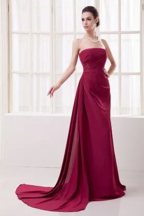 Side draped beaded dark red satin strapless long evening prom dress