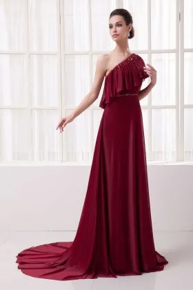 Asymmetrical draped beaded one shoulder dark red chiffon A line long prom dress