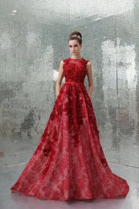 Luxury beaded embroidered red lace and tulle floor length evening formal gown