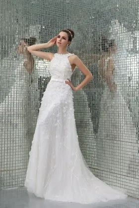 Luxury beaded petals white tulle open back floor length evening formal dress