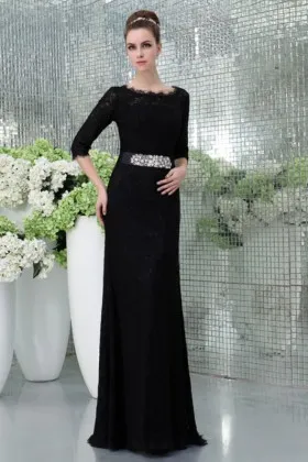 Elegant black lace scalloped bateau neckline half sleeve long formal dress