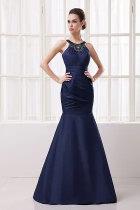 Beaded Dark navy satin trumpet long formal gown