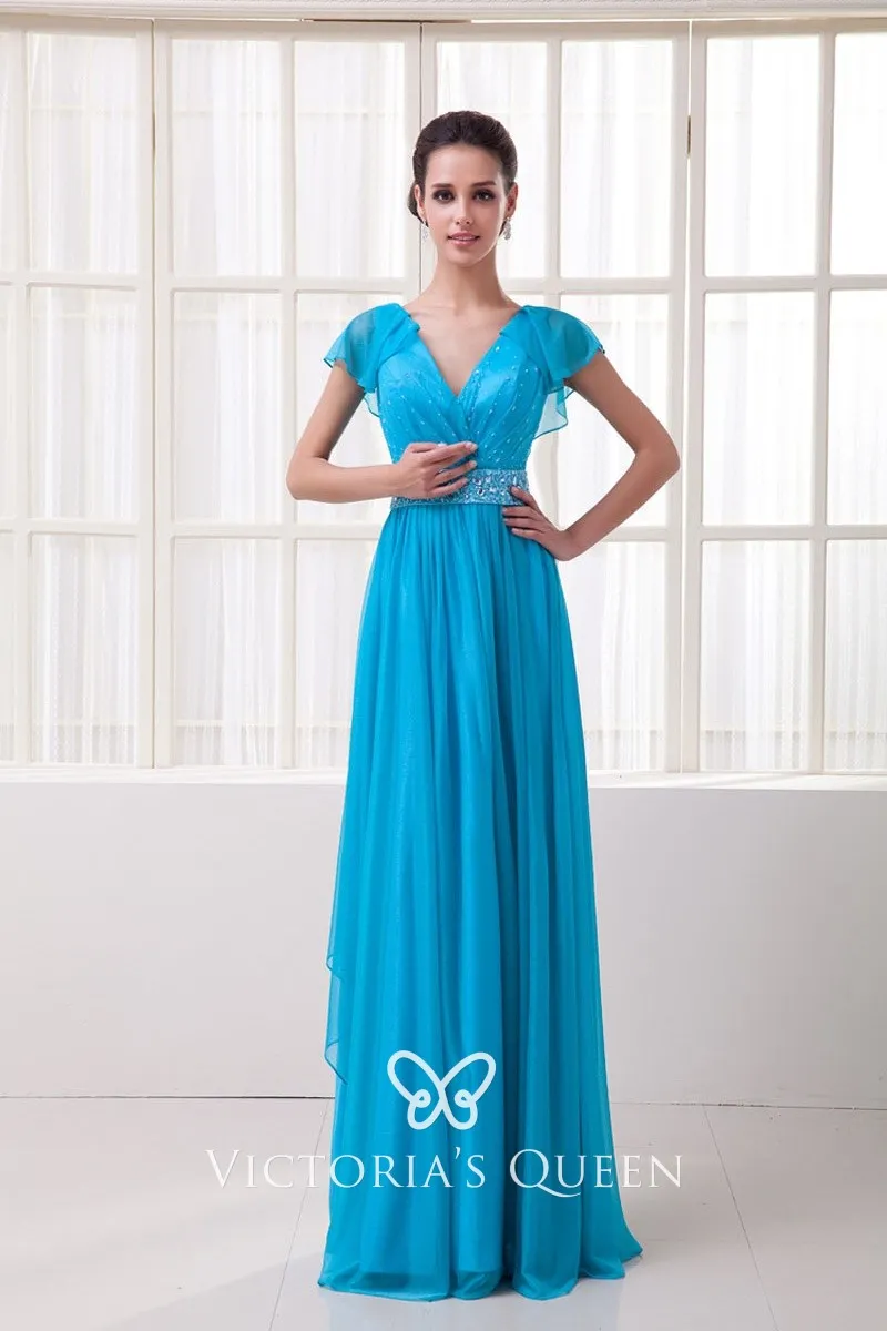 Pool Chiffon V-neck Ruffled Cap Sleeve Prom Dress - VQ