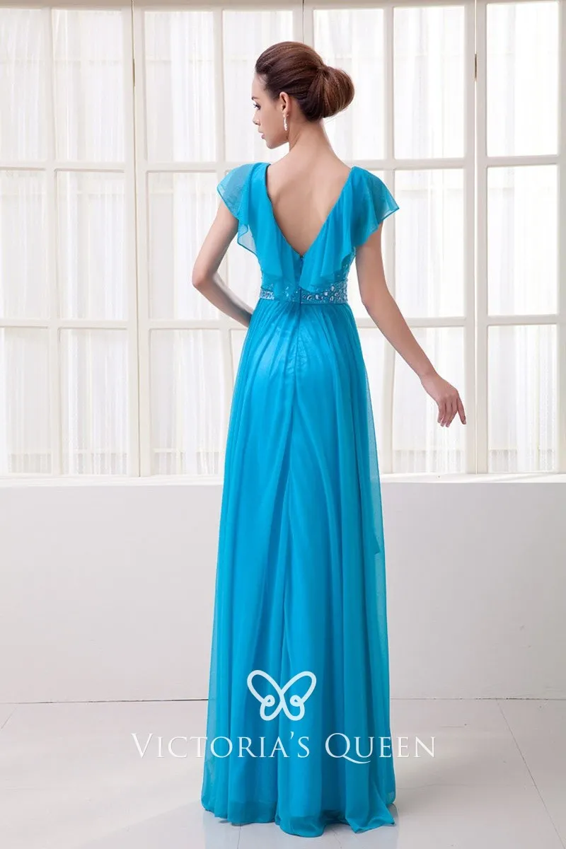Pretty pool chiffon V neck ruffled cap sleeve A line long prom dress Pretty pool chiffon V neck ruffled cap sleeve A line long prom dress