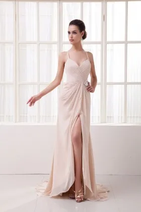 Pleated nude chiffon sexy thigh high slit long prom dress