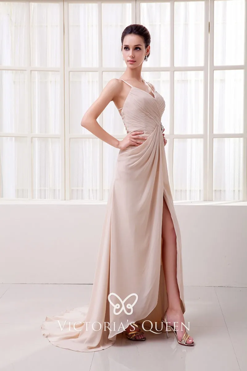 Pleated Nude Chiffon Sexy High Slit 