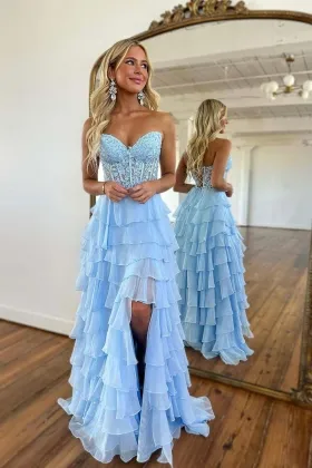 strapless light blue ruffle tiered chiffon lace prom dress